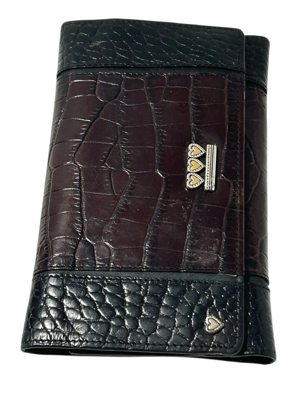 Vtg Brighton Tri-Fold Brown Faux Croc Leather Checkbook Holder Wallet w/Strap